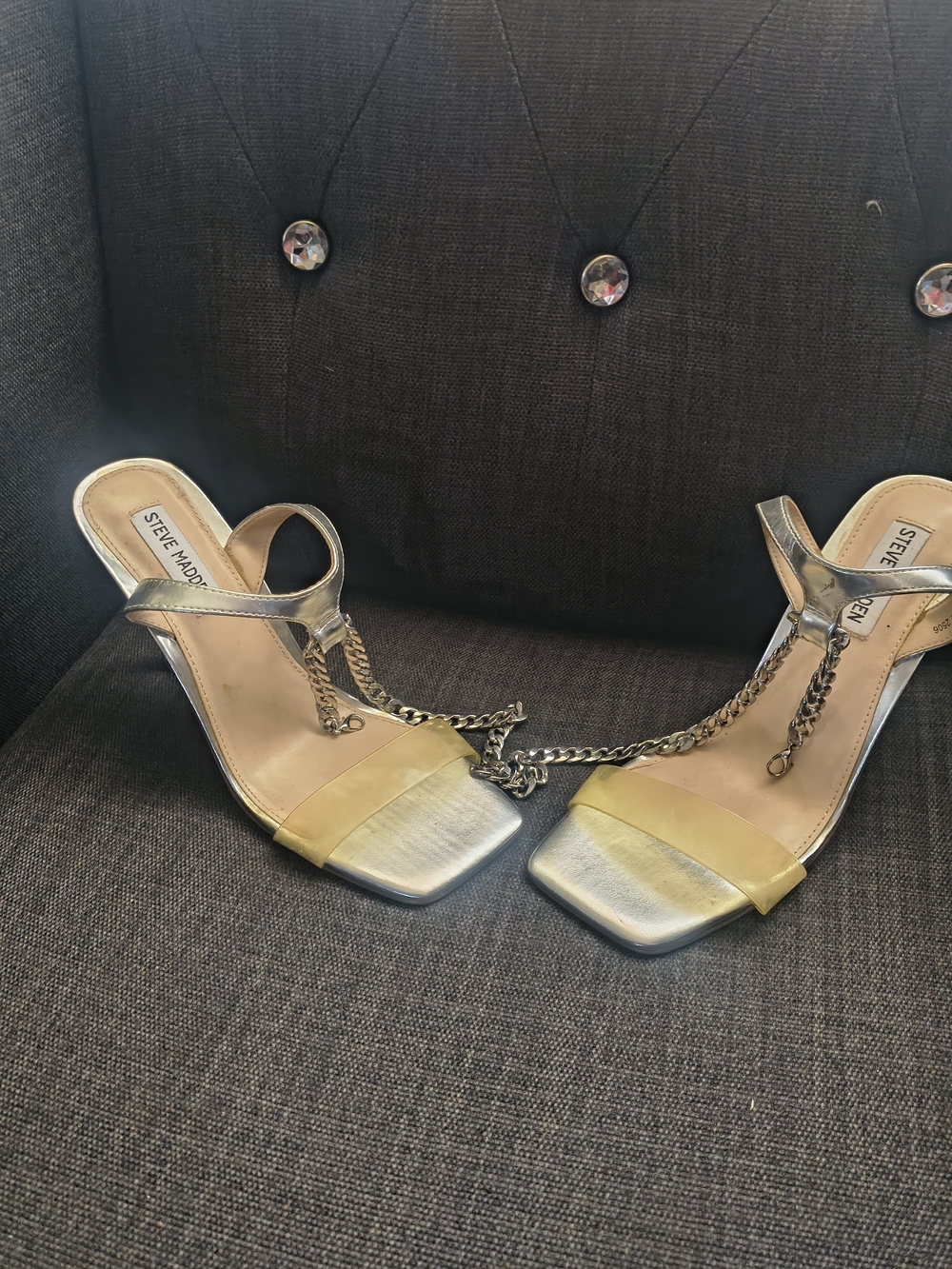 Steve Madden Metallic Gold Chain-Trim Heeled Sandals
